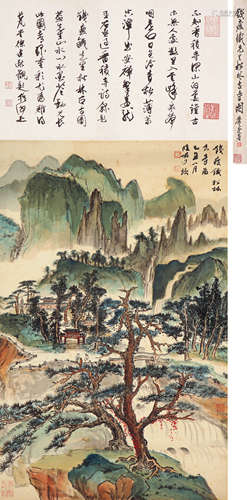 1897～1967 钱瘦铁  松林古寺  绘画 立轴  设色绢本