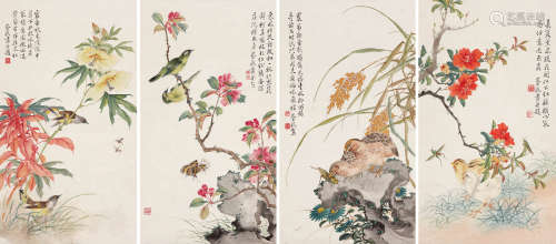 1898～1960 蔡铣  花鸟四屏  绘画 立轴  设色纸本