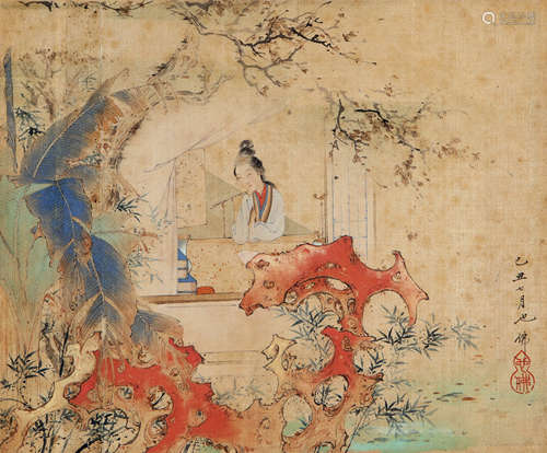 1908～1980 胡也佛  芭蕉仕女  绘画 镜心  设色绢本