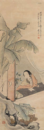 1855～1919 黄山寿  芭蕉美人  绘画 立轴  设色纸本