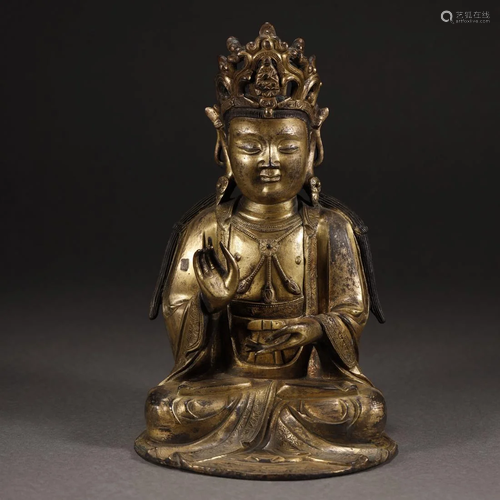 ANCIENT CHINESE GILT-BRONZE BUDDHA GUANYIN