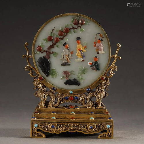 ANCIENT CHINESE GILT-BRONZE INLAID WHITE JADE …