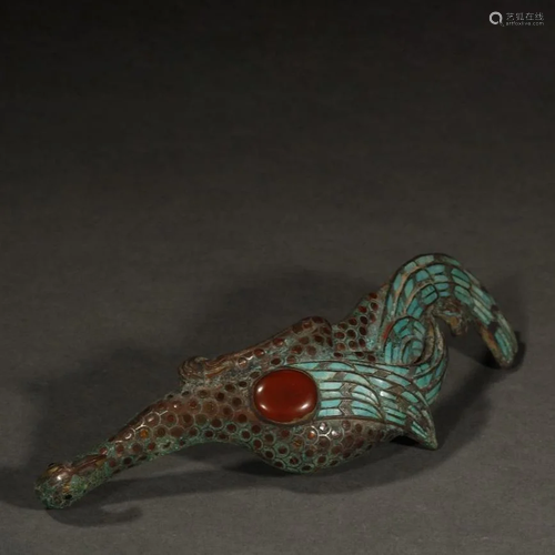 ANCIENT CHINESE GEMSTONE-INLAID BRONZE …