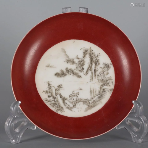 ANCIENT CHINESE RED GROUND INK COLOR DISH