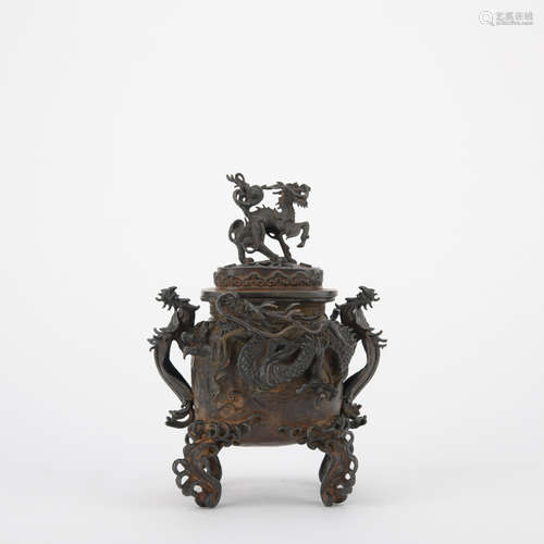 Qing dynasty copper incense burner with dragon pattern