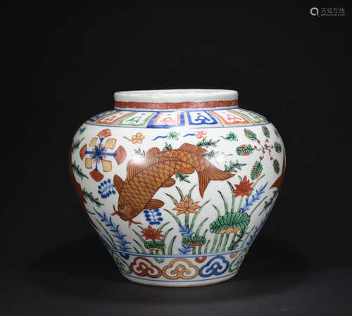 A Wu cai 'waterweeds' jar,Ming dynasty