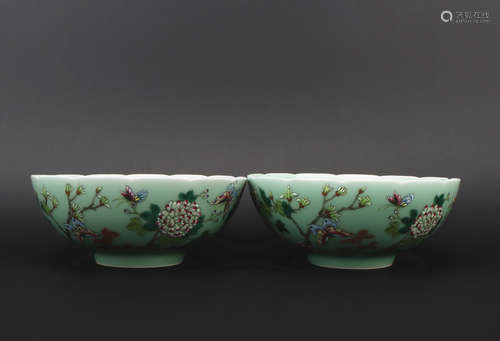 Qing dynasty bean green glaze bowl 1*pair