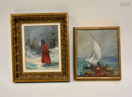 2 Oil on Panel of Figural in Winter by Zaza Meuli
