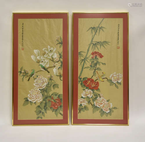 Pair of Chinese Painting on Silk w/ Birds & Flower