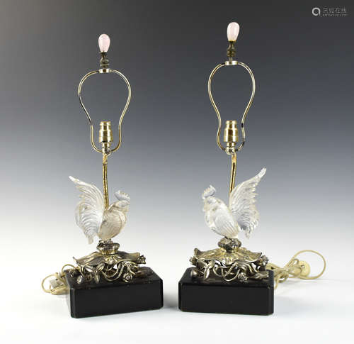 Pair of Crystal Rooster on Silver Stand MAL,19th C