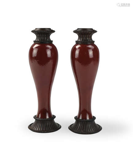 A Pair of Red Glazed Porcelain Candle Stick