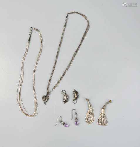 2 Silver Necklaces,3 Pairs of Earrings w/ Amethyst