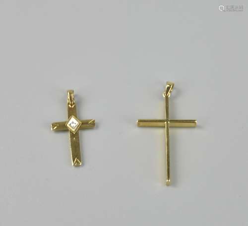 2 Pcs of 14K Gold Cross Pendant, One with Diamond