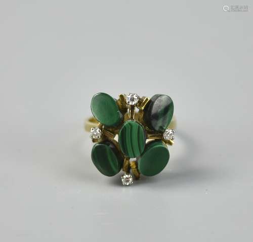 14K Carat Gold Ring inlaid w/ Malachite & Diamond