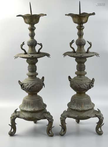 Pair of Meiji Japanese Bronze Candle Stand w/Crane