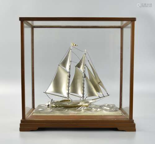 Large Japanese Silver Sailboat in Showcase