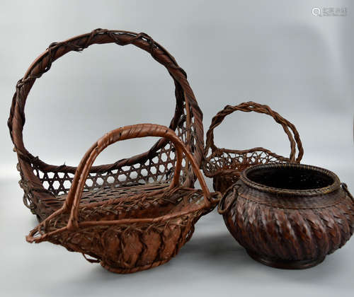 Group of 4 Japanese Ikebana Bamboo Baskets