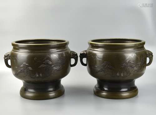 Pair of Large Japanese Mixed Metal Bronze Censers