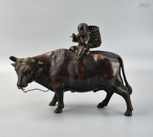 Japanese Bronze Boy Riding on Ox, Meiji Period