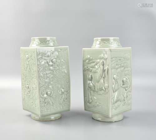 Pair of Chinese Celadon Glaze Squared Figural Vase
