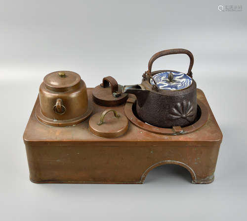 Unusual Set of Japanese Bronze Tea Kettle & Stove