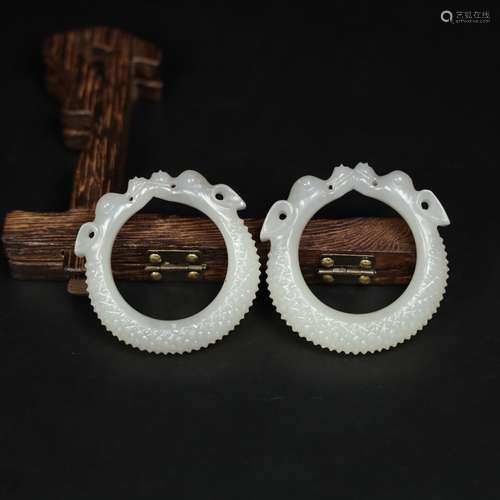 Pair Of Chinese Hetian Jade Rings Of Dragon