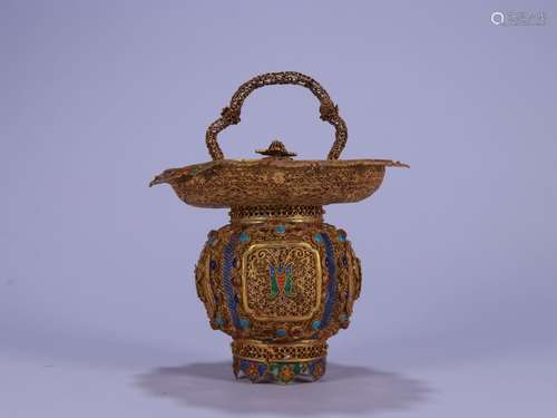 A Chinese Gilt Silver Enameling Blue Container