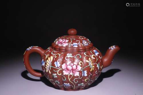 A Chinese Zisha Teapot Enameled Floral Pattern