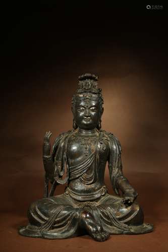 A Chinese Bronze Guanyin Statue With Gold Painting