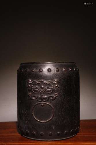 A Chinese Rosewood Beast Pattern Brush Pot