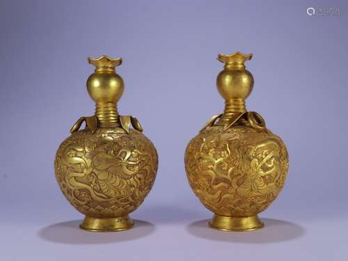 Pair Of Chinese Gilt Bronze Figure Carving Vases