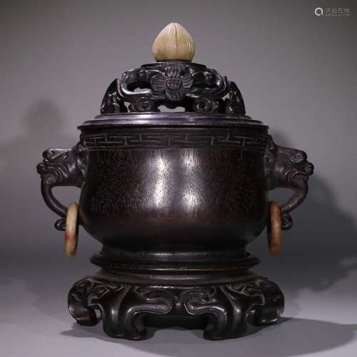 A Chinese Rosewood Censer Embeded Shoushan Stone