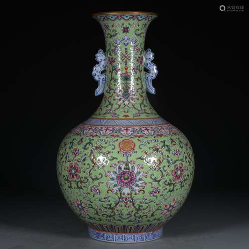 A Chinese Porcelain Green Glazed Famille Rose Two-Ear Vase