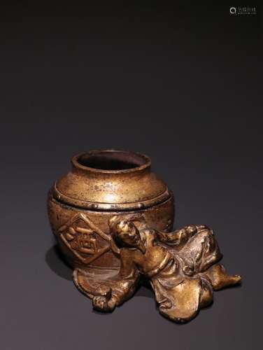 A Chinese Bronze Figure Brush Washer With Gold Painting