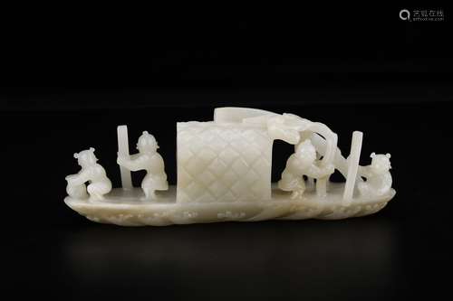 A Chinese Hetian Jade Ship-Shaped Ornament