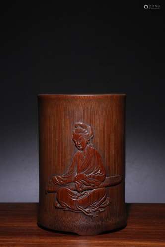 A Chinese Bamboo Figure-Story Carved Brush Pot