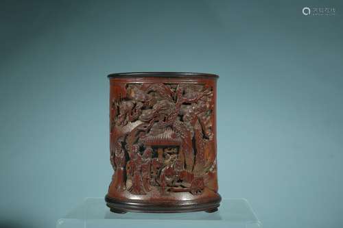 A Chinese Bamboo Figure-Story Carved Brush Pot