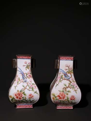 Pair Of Chinese Bronze Enameled Floral&Bird Vases