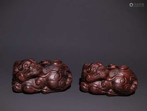 Pair Of Chinese Agarwood Beast Shaped Paperweight