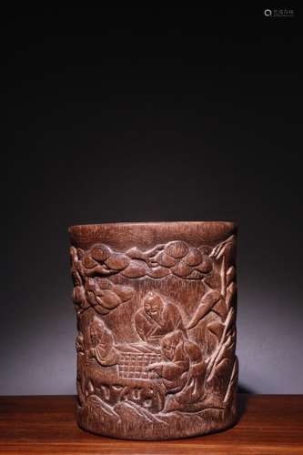 A Chinese Agarwood Figure-Story Carved Brush Washer