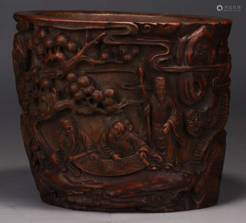 A BAMBOO CARVED FIGURE PATTERN BRUSH POT