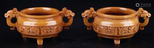 PAIR OF HETIAN JADE DRADON PATTERN CENSERS