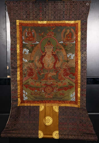 A MINERAL COLOR GUANYIN BUDDHA PATTERN THANGKA