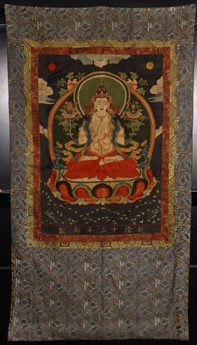 A MINERAL COLOR BUDDHA PATTERN THANGKA