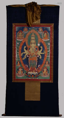 A MINERAL COLOR GUANYIN BUDDHA PATTERN THANGKA