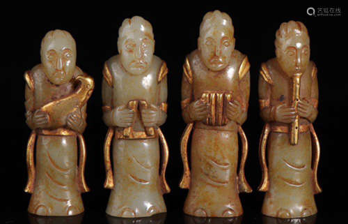 SET OF HETIAN JADE GILT BRONZE FIGURE SHAPE PENDANTS