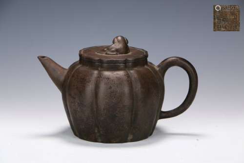 Old Collection  A Melon Stripe Shaped Purple Clay Teapot by :Zhao Hengxiang