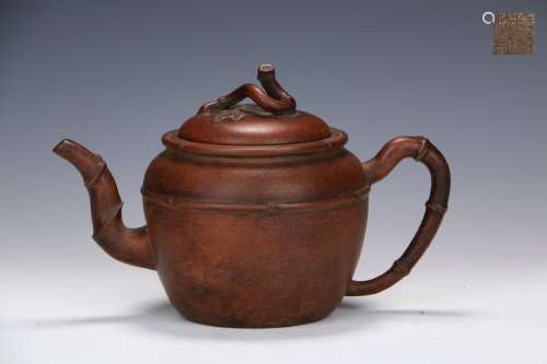 Old Collection  A Purple Clay Teapot with Bamboo Patten by Famous Artist