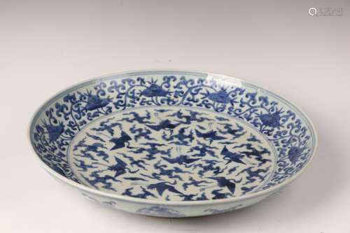 A Blue and White Basin with Crane Design   in the sixteenth century