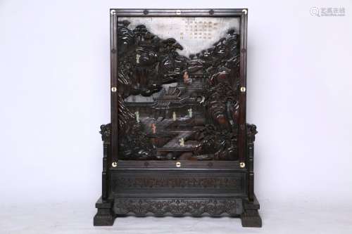 A Rosewood Table Plaque with Inlaid Jade and Embossment of Character Story  in the seventeenth century